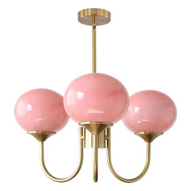 Imagem de Lustre moderno rosa em formato de globo para quarto de menina, luminária pendente de 3 luzes estilo meados do século XX, luminária de teto semi-embutida dourada vintage para sala de jantar,