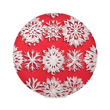Imagem de STAYTOP Lindos jogos americanos redondos de flocos de neve de Natal, 6 peças, tapetes de mesa antiderrapantes fáceis de limpar para casa, cozinha, churrasco, festa, decoração de mesa