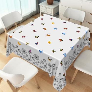 Imagem de TTQYFNM Toalha de mesa de borboleta floral de 178 x 178 cm, desenho de flores silvestres, colorida, toalha de mesa quadrada de tecido impermeável, capa de mesa para sala de jantar, cozinha, festas