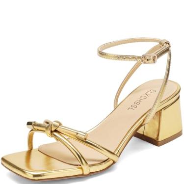 Imagem de SLXCHBSL Sandália feminina salto bloco bico quadrado design nó fivela no tornozelo elegante bico aberto salto baixo 5 cm sandálias para festa de casamento, Dourado, 41