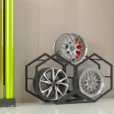 Imagem de Suporte de pneu de armazenamento de pneus de aro hexagonal, suporte de exibição de pneu de parede para garagem, armazém, concessionárias de carros, base de ferro triangular prateleira de equipamento