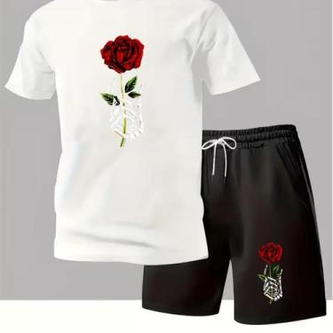 Imagem de Kit Conjunto Mão Rosa Casual Masculino Kit Camiseta e Short Tactel Lev