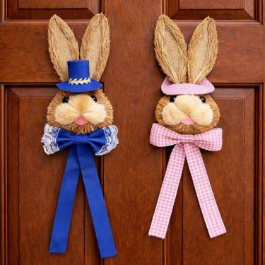 Imagem de Pendente Casal Cabeça Coelho Decoração De Páscoa Palha 40cm - Genérico