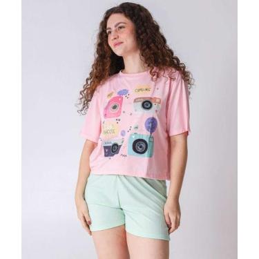 Imagem de Pijama Feminino Estampa Câmeras Marisa Rosa-18003, Rosa, Verde, M