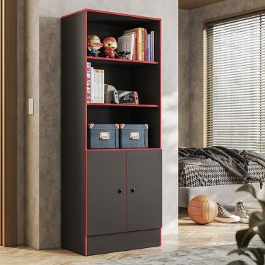Imagem de Armario Livreiro Gamer 4095 2 Portas E 3 Prateleiras Preto/Vermelho Preto/Vermelho