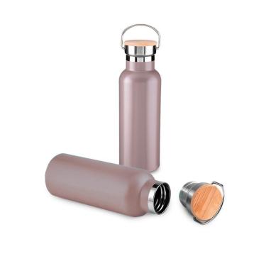 Imagem de Garrafa Térmica Squeeze 500ml De Aço Inox C/ Tampa De Bambu e Alça-Unissex