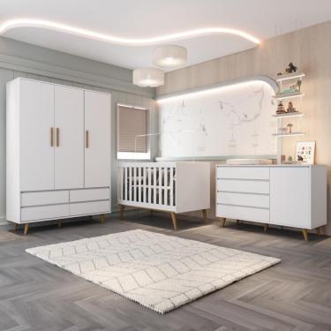 Imagem de Quarto Bebê Completo Berço Americano 3Em1 Cômoda 4 Gavetas 1 Porta Guarda Roupa Lorena 100% MDF