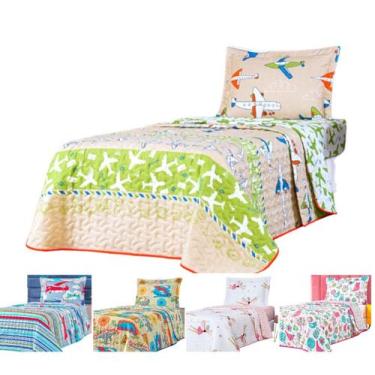 Imagem de Kit Colcha cama box solteiro infantil cobre leito dupla face cores mat