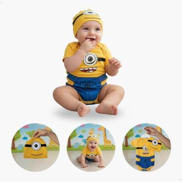 Imagem de Body Fantasia Minions Bebê Menina Menino Touca Lacinho Born - KIDSBEHA