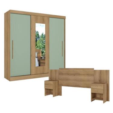Imagem de Guarda Roupa Casal Vision Glass 3 Portas Capuccino Menta com Cabeceira