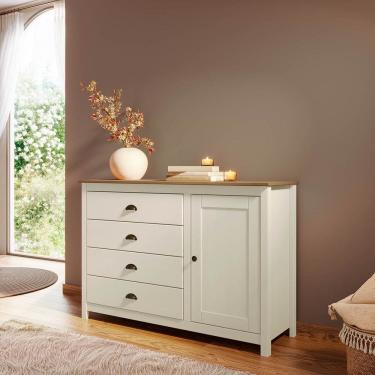 Imagem de Cômoda Sapateira Topázio 4 Gavetas e 1 Porta  Madeira Pinus Branco/Freijó - Finestra