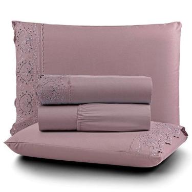 Imagem de Jogo De Lençol Casal Nobless Bordado Micropercal 200 Fios Toque De Algodão 4 Peças Uva