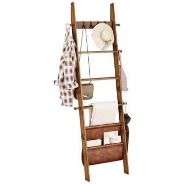Imagem de ELYKEN Cobertor de madeira para escada, 5 andares, de madeira, com 4 ganchos removíveis e bolsa de armazenamento, manta decorativa inclinada para sala de estar, quarto, banheiro, nogueira