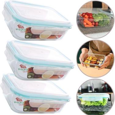 Imagem de Jogo 3 Potes Vidro Grande 1040ml Com Tampa Hermética, Marmita Fitness 