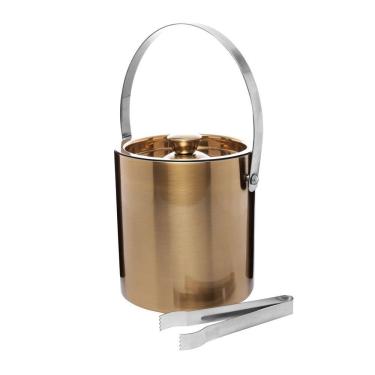 Imagem de Balde para Gelo de Aço Inox C/Parede Dupla, Tampa e Pegador Old Fashioned Dourado 1,6 Litros 17x16,5cm Wolff