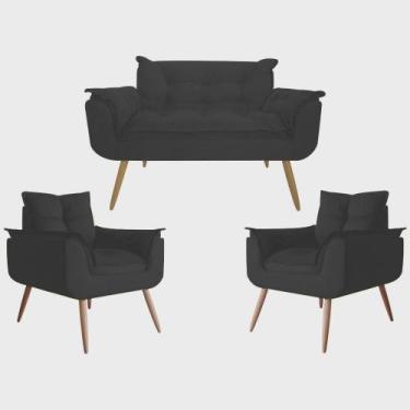 Imagem de Kit 02 Poltrona + 01 namoradeira Opala Suede Preto -Pandora Decor  - C