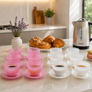 Imagem de Conjunto 6 Xícaras com Pires Aura 200ml Cristal p/ Café Chá - KeHome, 