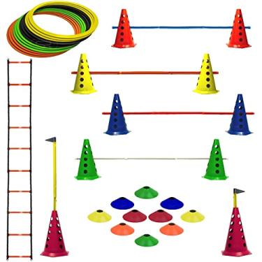 Imagem de Kit 10 Cones C/ 5 Barreiras + 10 Pratos Funcionais + 12 Argolas Agilidade Com Bolsa + Escada Funcional Ajustável