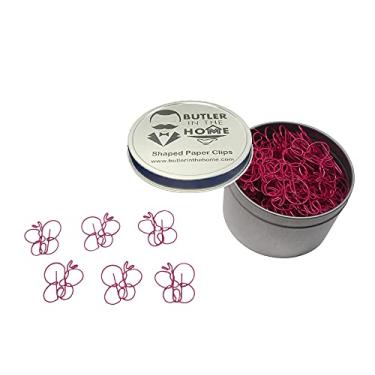 Imagem de Butler in the Home 100 clipes de papel em forma de borboleta ótimos para colecionadores de clipe de papel ou presente de escritório – vem em lata redonda com tampa e caixa de presente, rosa