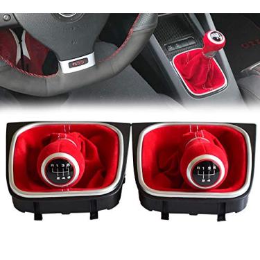 Imagem de Kakulkomen Botão de câmbio de marchas de 5 6 velocidades Polaina de couro de camurça vermelha para Volkswagen VW Golf 5 Golf 6 MK5 MK6 R32 GTI 04-09 (6 velocidades)