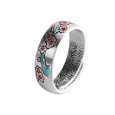 Imagem de Lllunimon Anel de prata esterlina 999 rosa ameixa bossom anel simples retrô flor anel cheio de conceito artístico anel para homens e mulheres, A