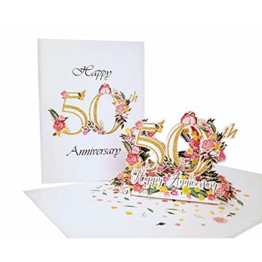 Imagem de iGifts And Cards Cartão pop-up 3D Happy 50th Milestone Anniversary - casamento, almas gêmeas, celebração, estar juntos, dourado, parabéns, romântico, periquitos, amor e felicidade