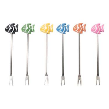 Imagem de Cork Pops Conjunto de 6 palhetas de coquetel de peixe tropical, aço inoxidável, 15 cm