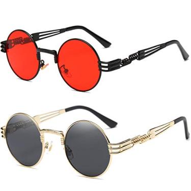 Imagem de Óculos de sol redondos John Lennon da Dollger, armação de metal Steampunk, Two Pairs Pack Black Lens+red Lens, 49
