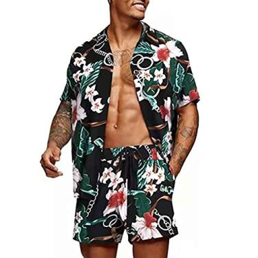 Imagem de Conjuntos de camisas havaianas com estampa floral verão masculino manga curta e cordão calça curta conjunto de 2 peças terno respirável, B, G (busto: 118cm)
