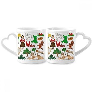 Imagem de Wales Landscap Conjunto de canecas de porcelana de casal bandeira nacional do Reino Unido copo de cerâmica alça de coração