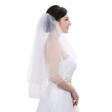 Imagem de Véu de noiva 2T 2 camadas com strass e cristal, Marfim, Fingertip Length 36"