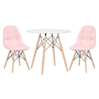 Imagem de Mesa Redonda Eames 80 Cm Branco + 2 Cadeiras Estofadas Eiffel Botonê Rosa Claro Rosa Claro