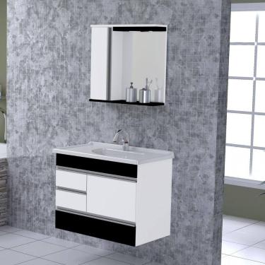 Imagem de Conjunto de Banheiro Gabinete Suspenso com 2 Gavetas e 1 Gavetão com Espelheira e Cuba AJ Rorato Texturizado Preto