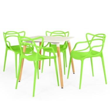 Imagem de Conjunto Mesa de Jantar Quadrada Eiffel Branca 80x80cm com 4 Cadeiras Allegra - Verde