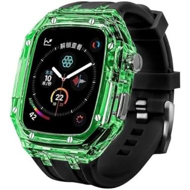 Imagem de SCHIK Kit de modificação, capa protetora transparente, pulseira de borracha para Apple Watch de 45 mm e 44 mm, pulseira de relógio colorida de designer para iWatch 8 7 6 5 4 SE (Cor: Verde / Preto,