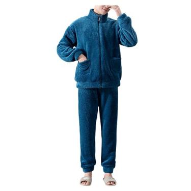 Imagem de Conjunto de pijama masculino de flanela com zíper frontal, conjunto de pijama de 2 peças, cor lisa, Lago azul, XXG