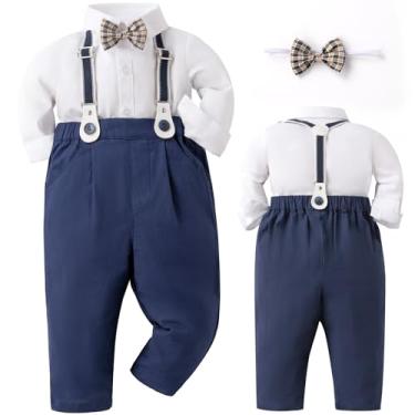 Imagem de Conjuntos de roupas para bebês, camisa social infantil com suspensório de gravata borboleta conjuntos de roupas de casamento para cavalheiros, Azul-marinho - nº 248, 4-5 Anos