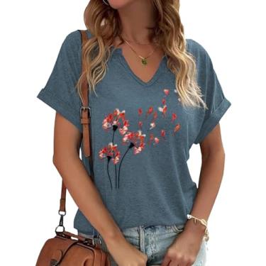 Imagem de Dandelion Shirts Camiseta feminina com gola V e girassol flores silvestres estampa casual, Azul, P
