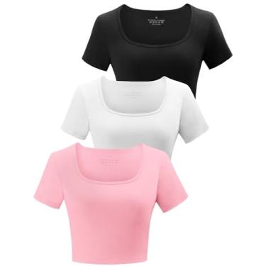 Imagem de Yeawinta Pacote com 3 camisetas femininas cropped de algodão manga curta camisetas básicas cortadas, Preto/branco/rosa, G