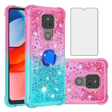 Imagem de Asuwish Capa de celular para Moto G Play 2021 com protetor de tela e suporte de anel Bling Liquid Glitter Clear Hybrid TPU Silicone Cover Motorola GPlay2021 6.5 XT2093DL XT2093-7 mulheres meninas rosa