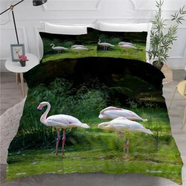 Imagem de Jogo de cama king flamingo, verde, conjunto de 3 peças para decoração de quarto, capa de edredom de microfibra macia 264 x 232 cm e 2 fronhas, com fecho de zíper e laços