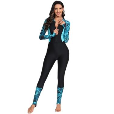 Imagem de ODIZLI Maiô feminino Rash Guard de manga comprida para surfe, roupa de banho atlética, Ciano preto, GG
