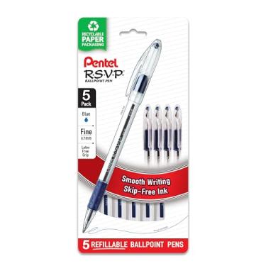 Imagem de Pentel Caneta esferográfica RSVP, linha fina, (0,7 mm), tinta azul (BK90BP5C) (pacote com 1, 5 unidades no total)