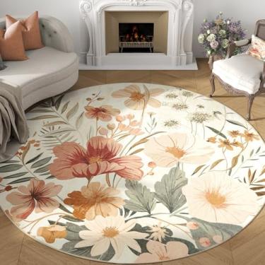 Imagem de jinchan Tapete redondo floral de primavera, 2,4 m, círculo interno, 2,5 m, redondo, lavável, moderno, estampa de flores orientais, tapete antiderrapante para sala de estar, sala de jantar, quarto