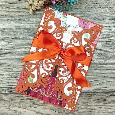 Imagem de 25 peças de cartões de convites de casamento cortados a laser de terracota com envelopes, folhas internas em branco, fitas para chá de noiva de quinze anos, convites de aniversário de noivado