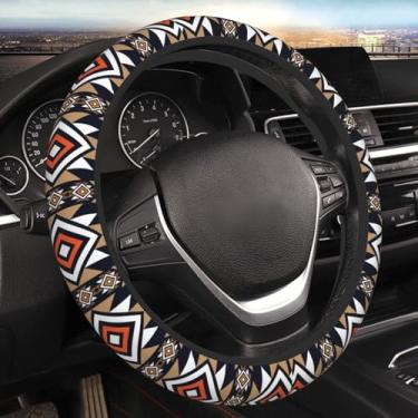 Imagem de Capa de volante étnica geométrica nativa tribal asteca para mulheres homens meninas acessórios de carro decoração antiderrapante neoprene capas de volante automático protetor universal 38 centímetros
