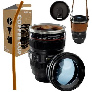 Imagem de Habitree Caneca de café - ideal para fotógrafos e viajantes - 2 tampas, suporte de copo, canudo de silicone - caneca térmica de lente de aço inoxidável - - presentes para ele, copo