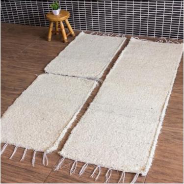 Imagem de Kit Tapete E Passadeira Boho Cru Felpudo Tear Artesanal 3 Peças 100% Algodão Rústico