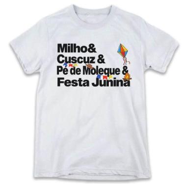 Imagem de 1 Camiseta Festa Junina São João Palavras Milho Cuscuz Pé de Moleque P