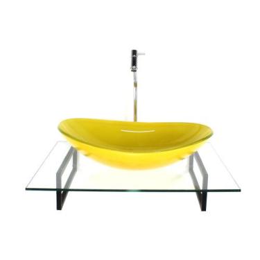 Imagem de Kit cuba de vidro oval amarela com tampo 60cm incolor e suporte tornei